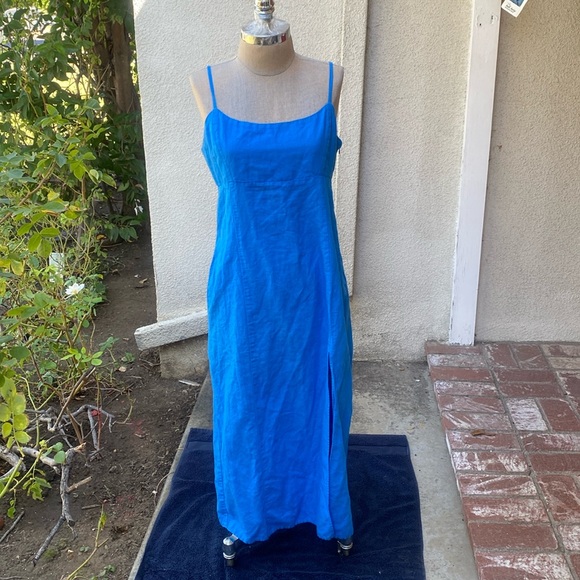 Zara linen blend gorgeous royal blue midi slit dress w/ great spaghetti straps - Picture 3 of 15